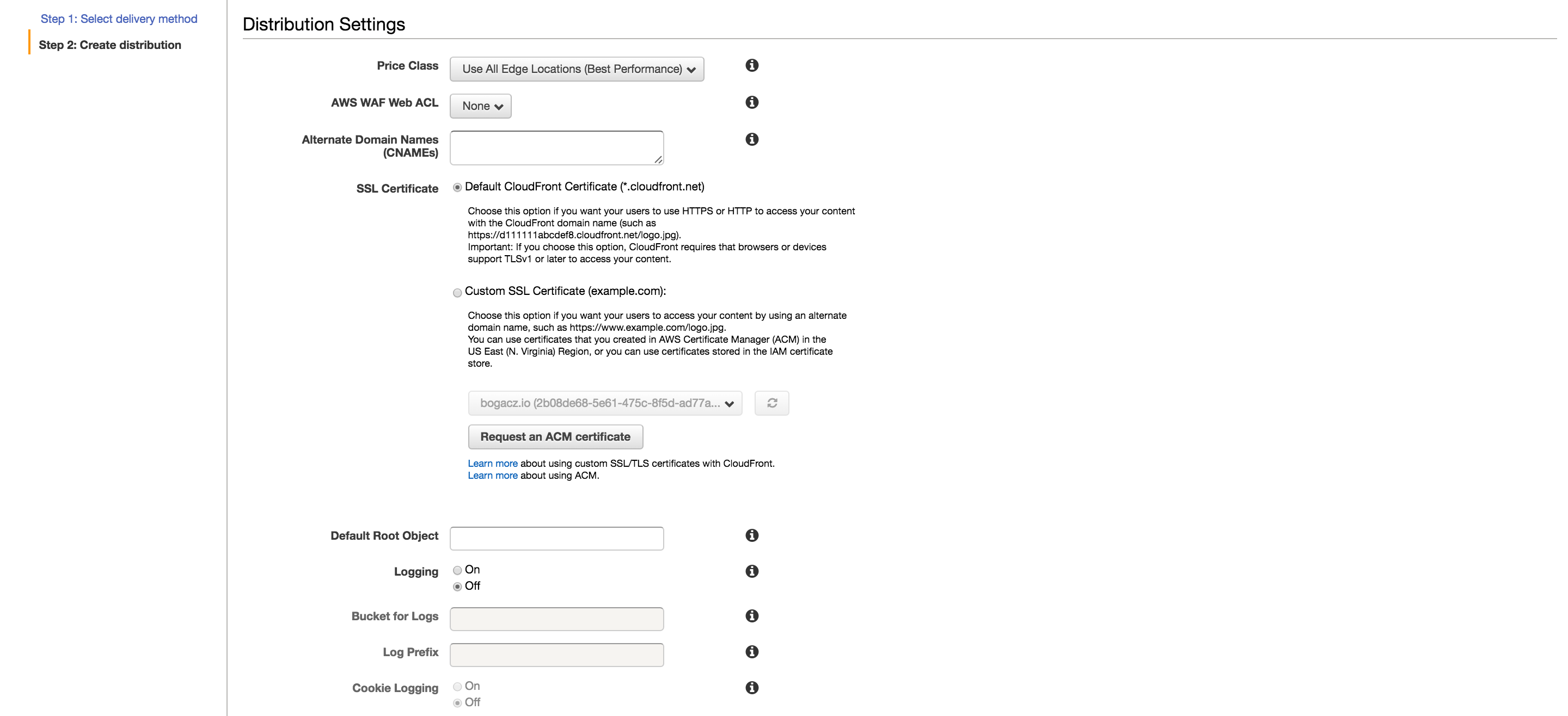 CloudFront Distribution Settings alt text